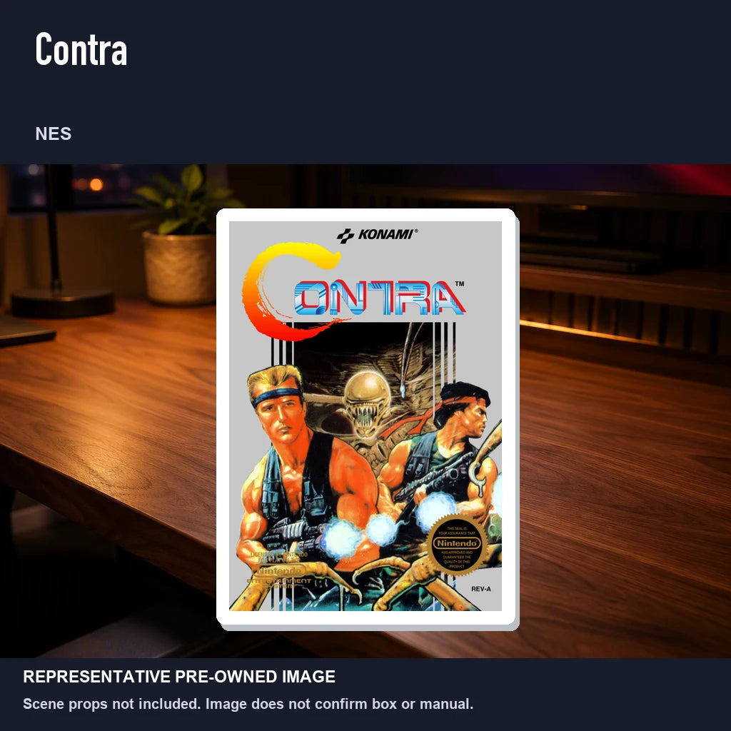 Representative pre-owned Contra (NES), product image in a styled desk scene.
