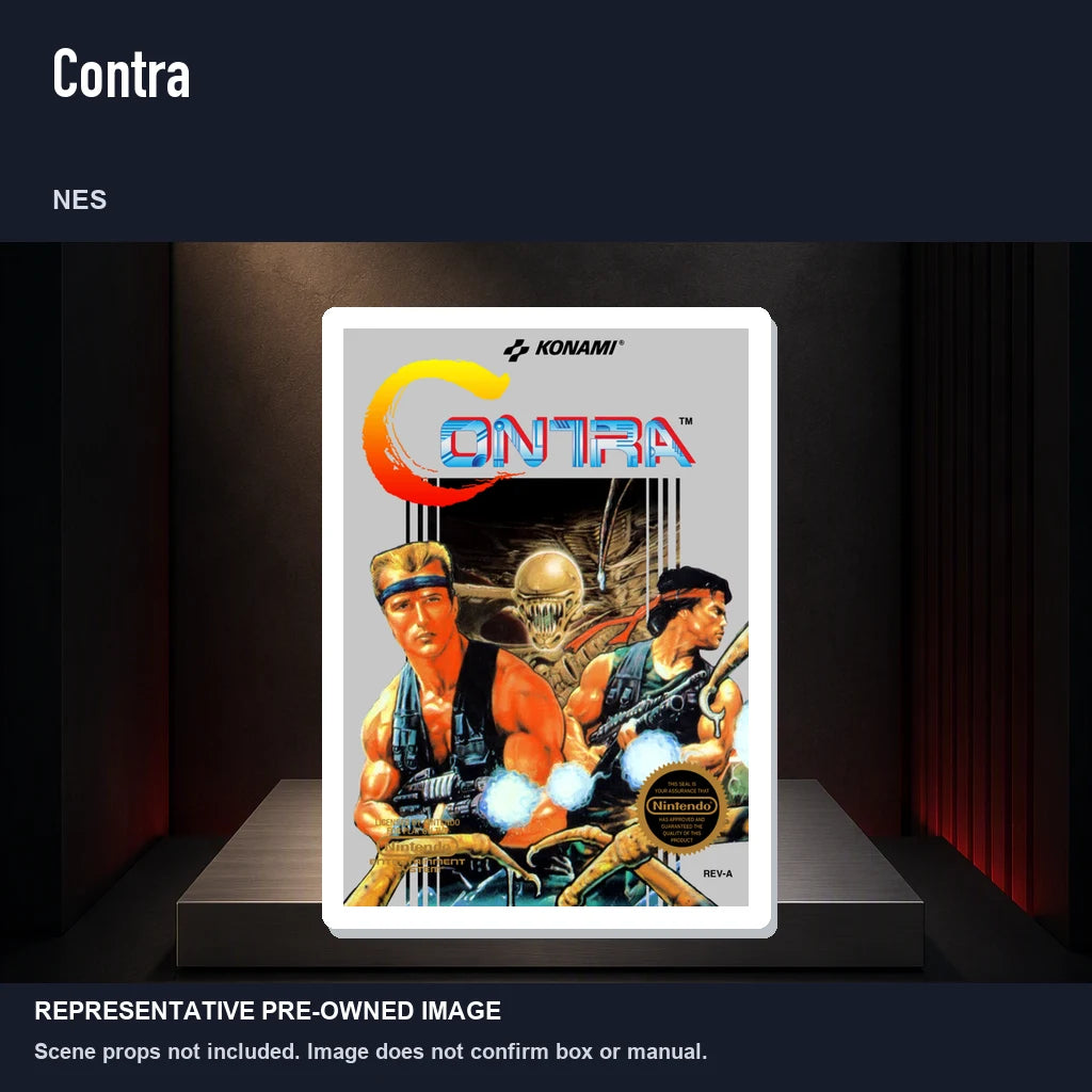 Representative pre-owned Contra (NES), product image on a display panel.