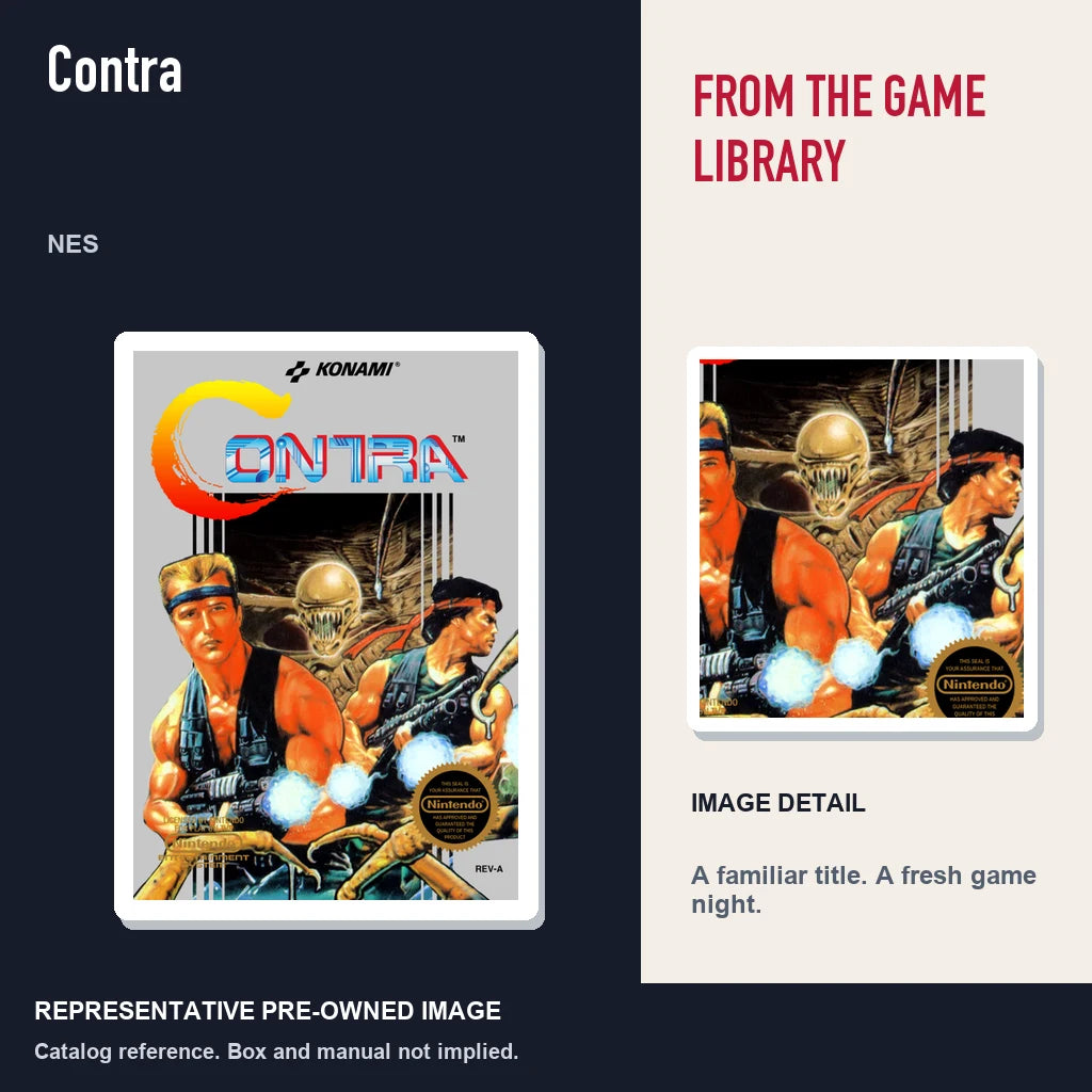 Representative pre-owned Contra (NES), editorial image and detail.