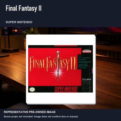 Representative pre-owned Final Fantasy II (Super Nintendo), product image in a styled desk scene.