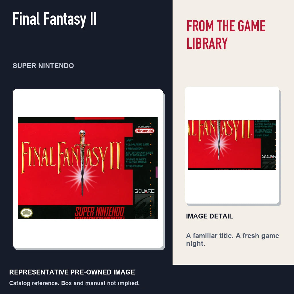 Representative pre-owned Final Fantasy II (Super Nintendo), editorial image and detail.