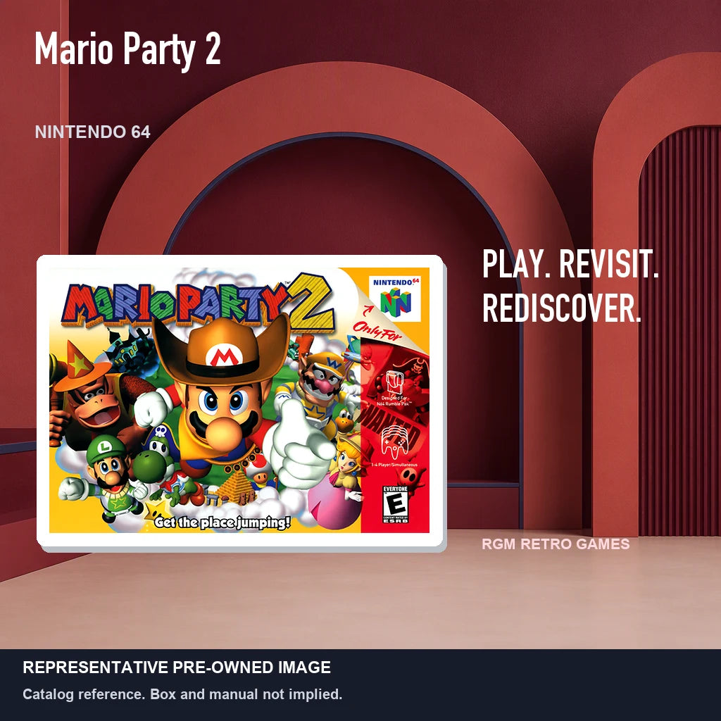 Representative pre-owned Mario Party 2 (Nintendo 64), red retro product layout.