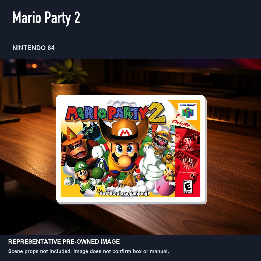 Representative pre-owned Mario Party 2 (Nintendo 64), product image in a styled desk scene.