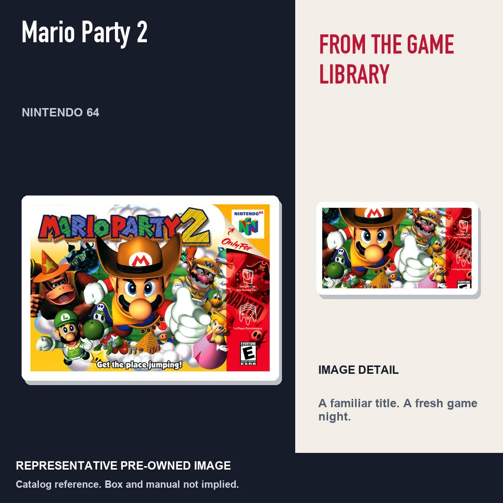 Representative pre-owned Mario Party 2 (Nintendo 64), editorial image and detail.