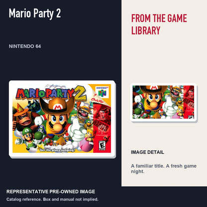 Representative pre-owned Mario Party 2 (Nintendo 64), editorial image and detail.