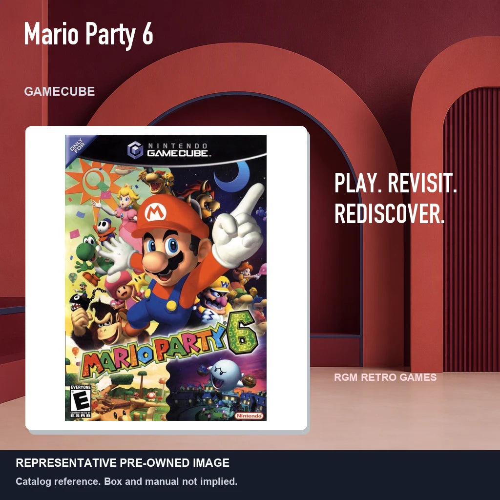 Representative pre-owned Mario Party 6 (GameCube), red retro product layout.