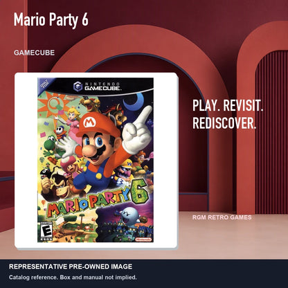 Representative pre-owned Mario Party 6 (GameCube), red retro product layout.