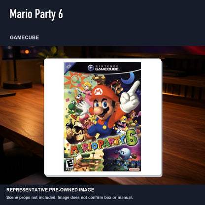 Representative pre-owned Mario Party 6 (GameCube), product image in a styled desk scene.