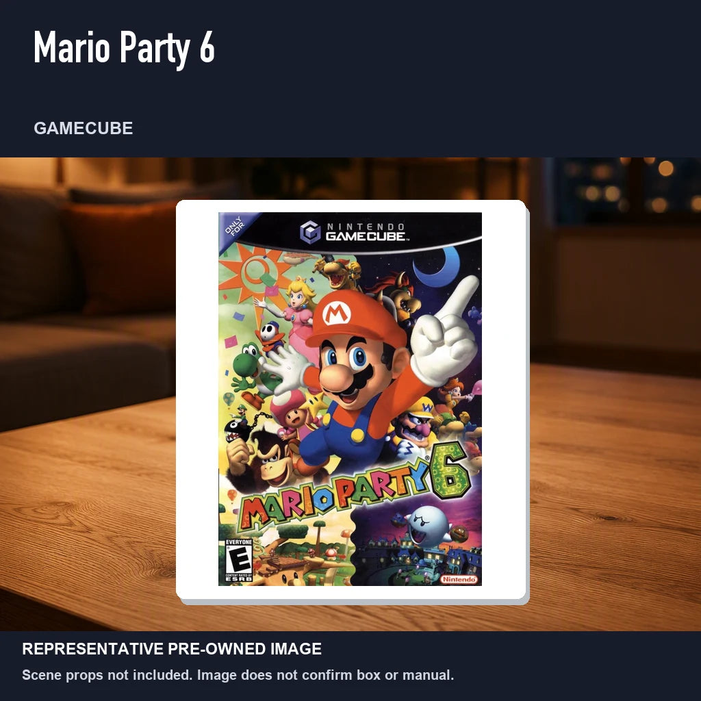 Representative pre-owned Mario Party 6 (GameCube), product image in a styled room scene.
