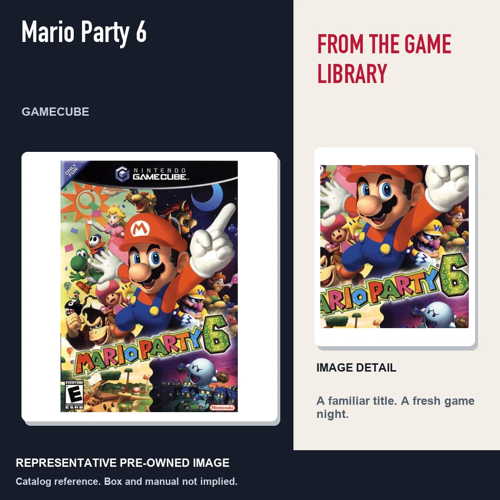 Representative pre-owned Mario Party 6 (GameCube), editorial image and detail.
