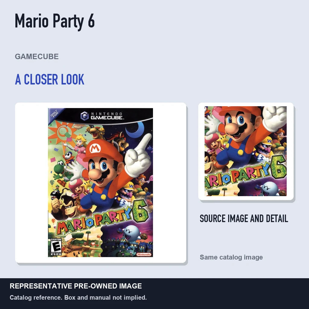 Representative pre-owned Mario Party 6 (GameCube), full image with detail inset.