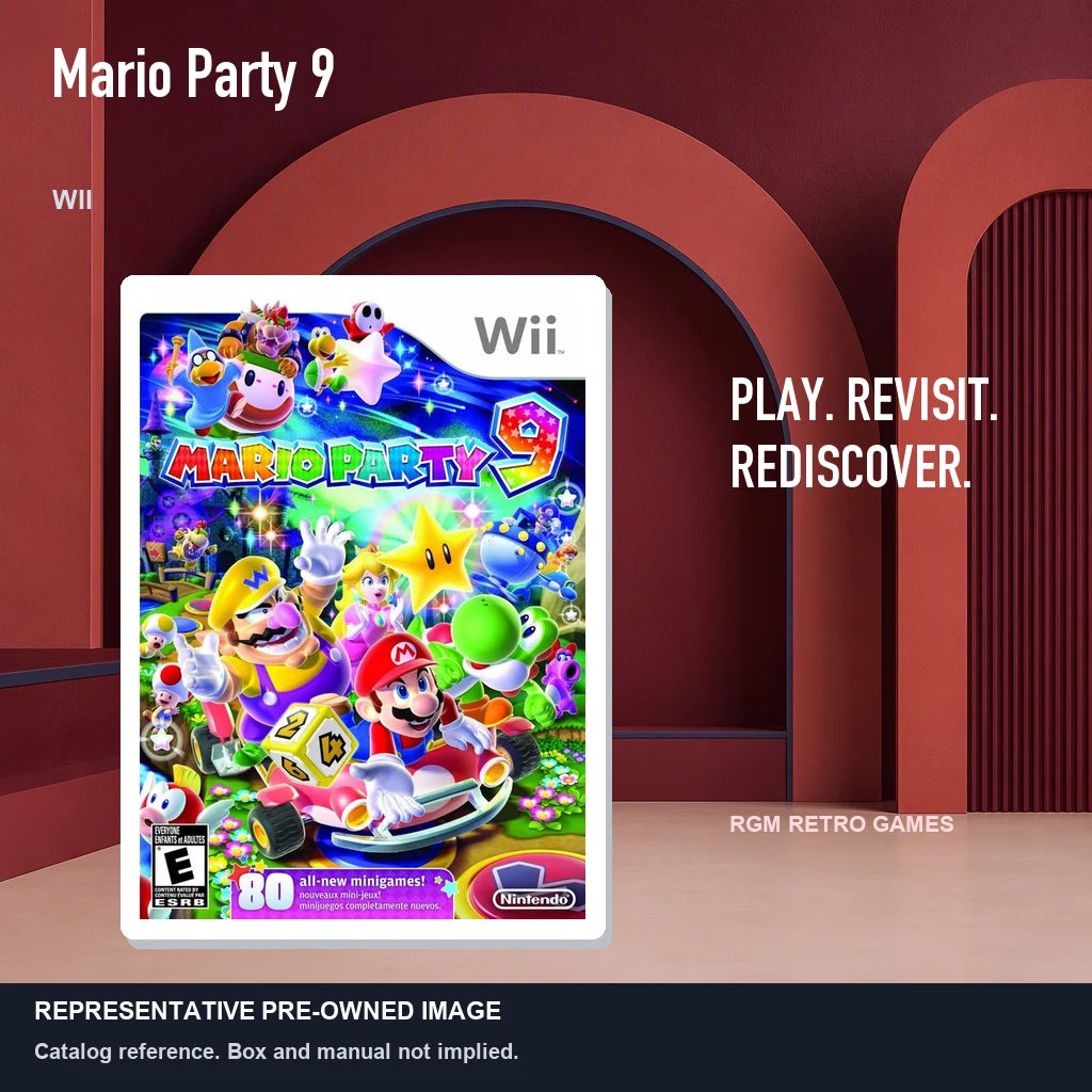 Representative pre-owned Mario Party 9 (Wii), red retro product layout.