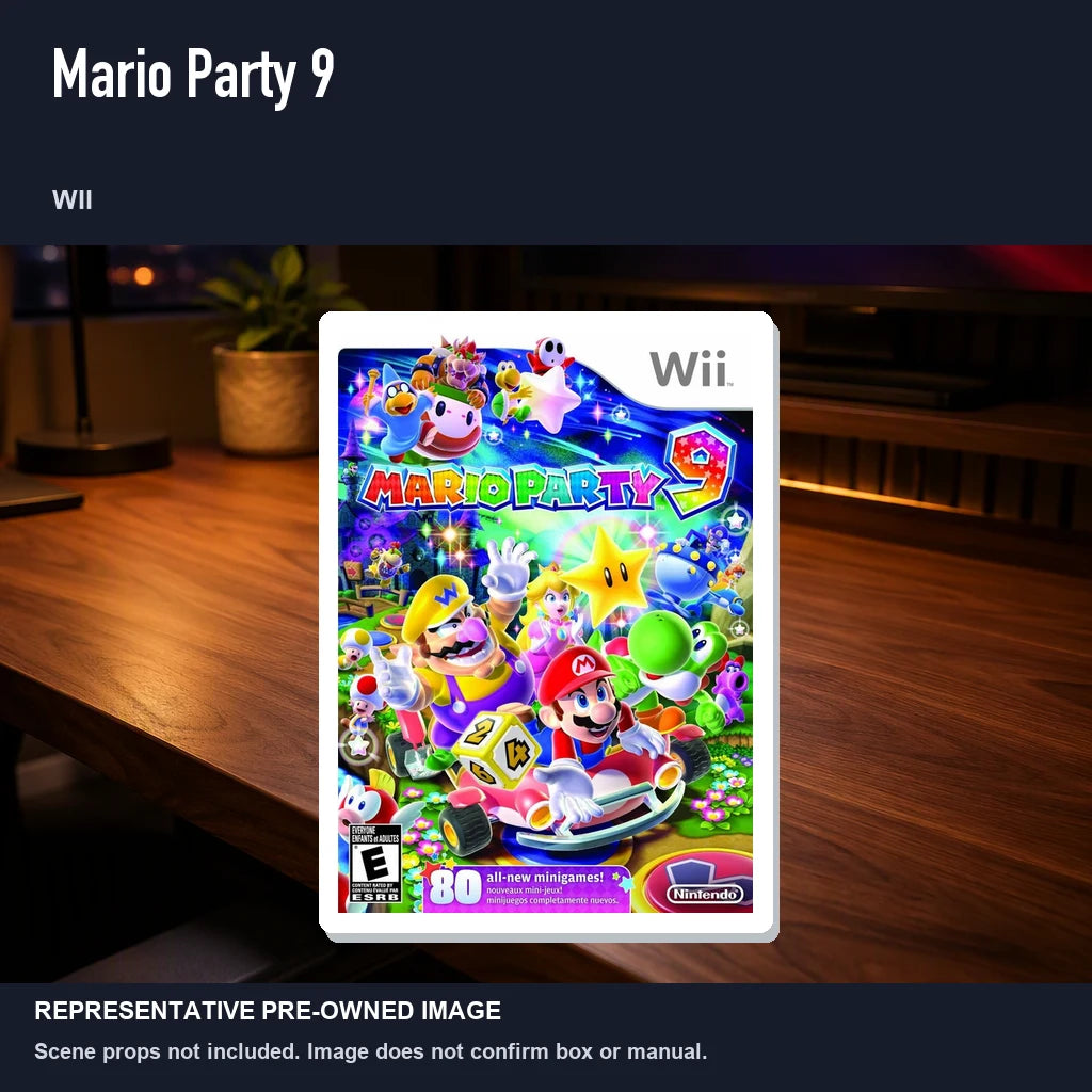 Representative pre-owned Mario Party 9 (Wii), product image in a styled desk scene.