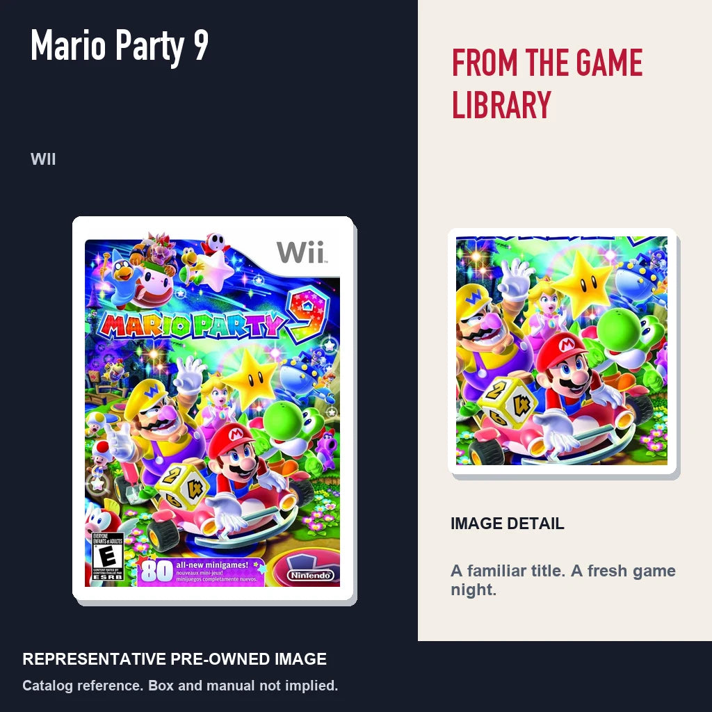 Representative pre-owned Mario Party 9 (Wii), editorial image and detail.