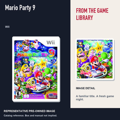 Representative pre-owned Mario Party 9 (Wii), editorial image and detail.