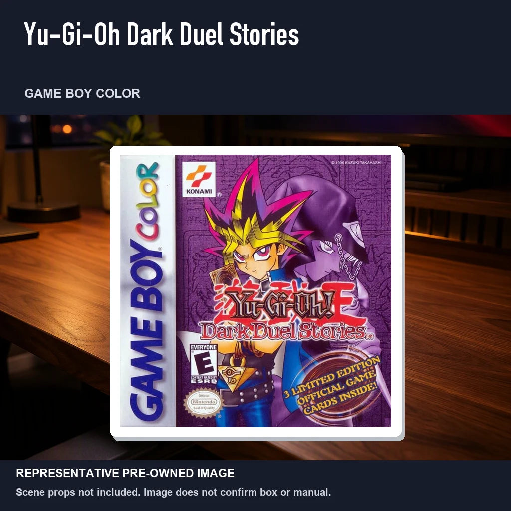 Representative pre-owned Yu-Gi-Oh Dark Duel Stories (Game Boy Color), product image in a styled desk scene.