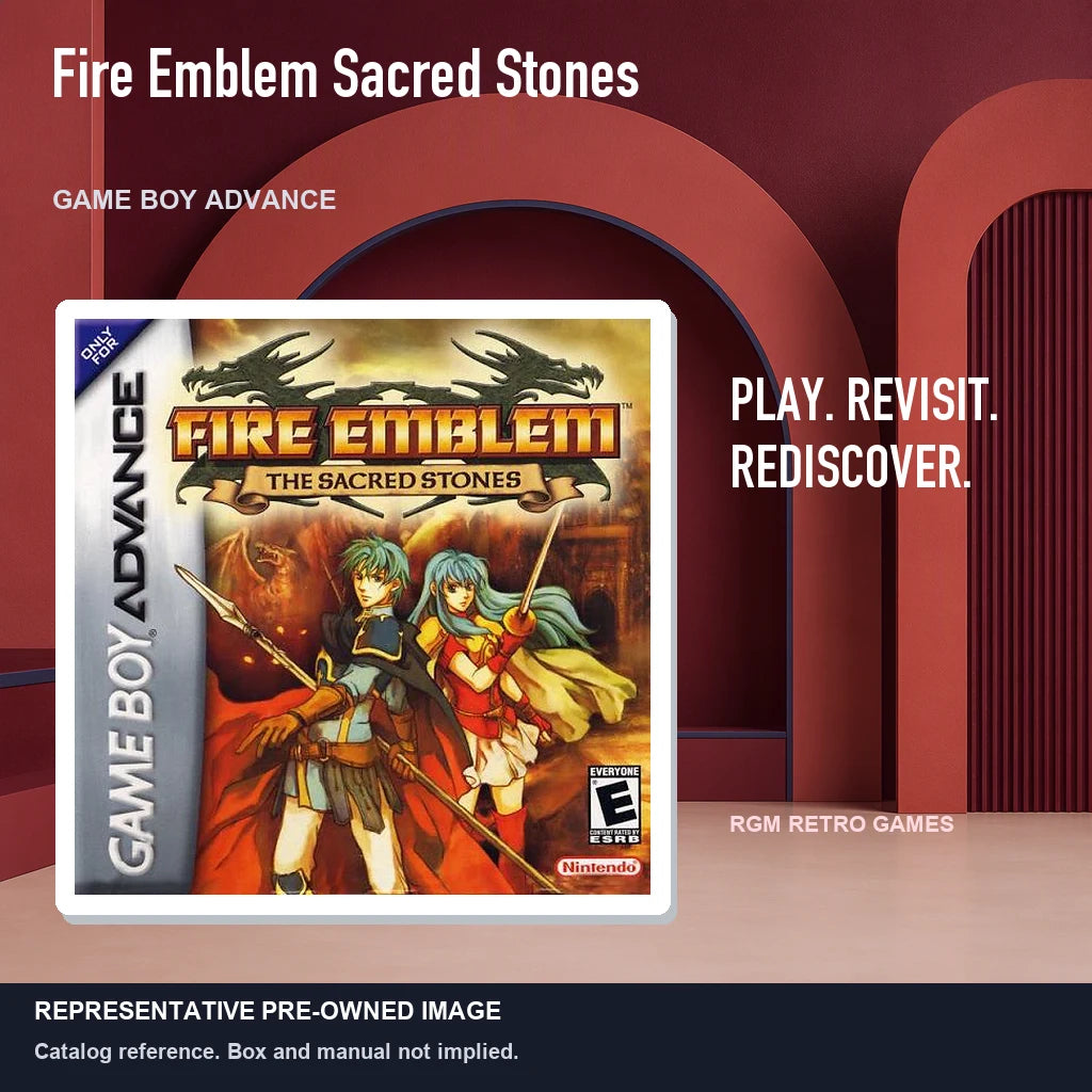 Representative pre-owned Fire Emblem Sacred Stones (Game Boy Advance), red retro product layout.