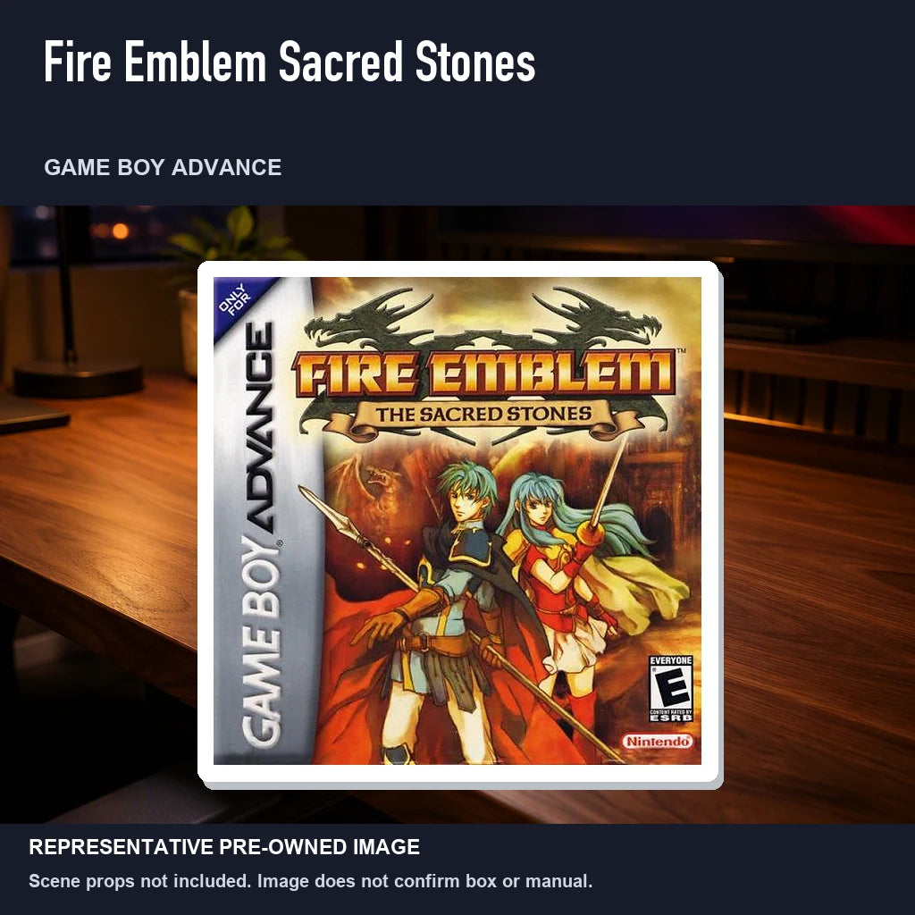 Representative pre-owned Fire Emblem Sacred Stones (Game Boy Advance), product image in a styled desk scene.