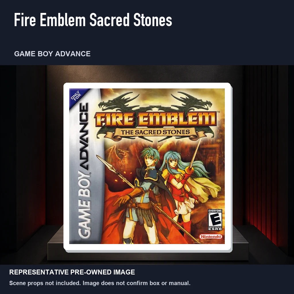Representative pre-owned Fire Emblem Sacred Stones (Game Boy Advance), product image on a display panel.