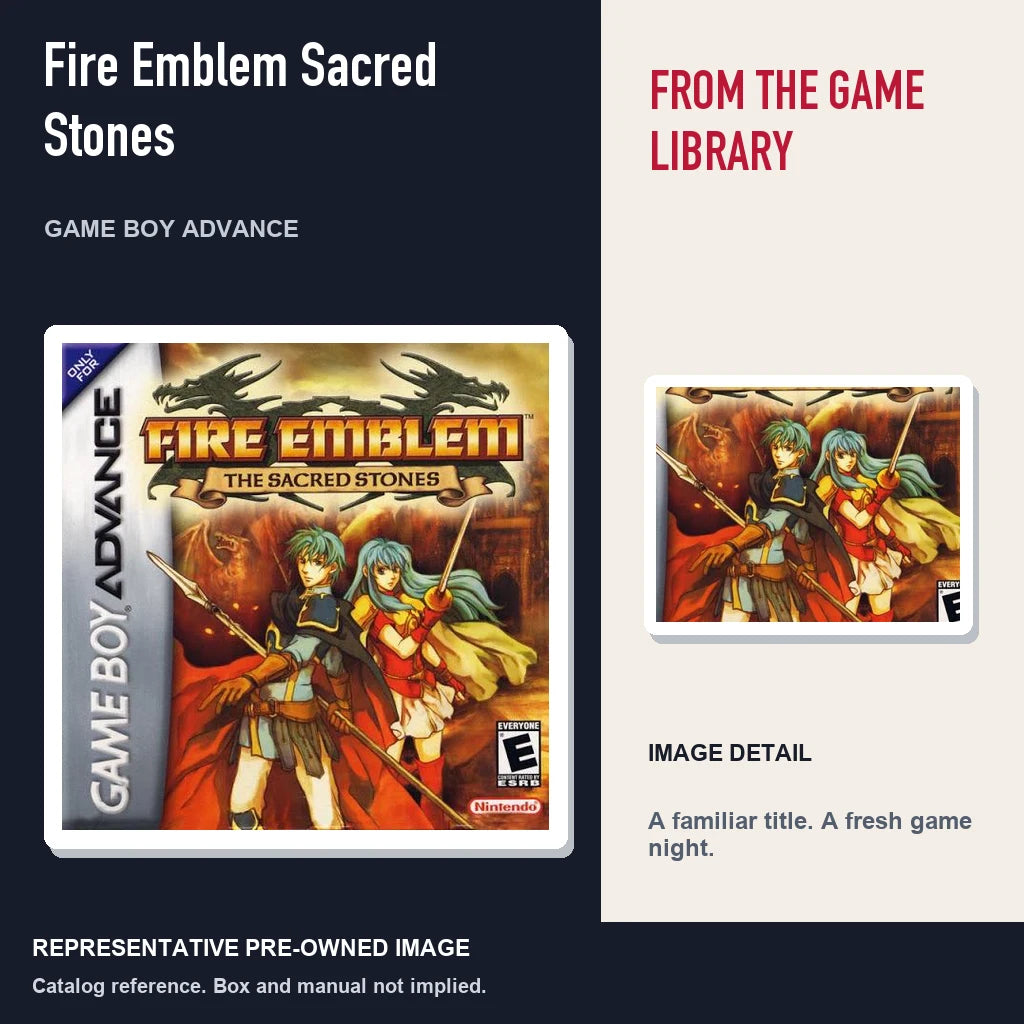 Representative pre-owned Fire Emblem Sacred Stones (Game Boy Advance), editorial image and detail.