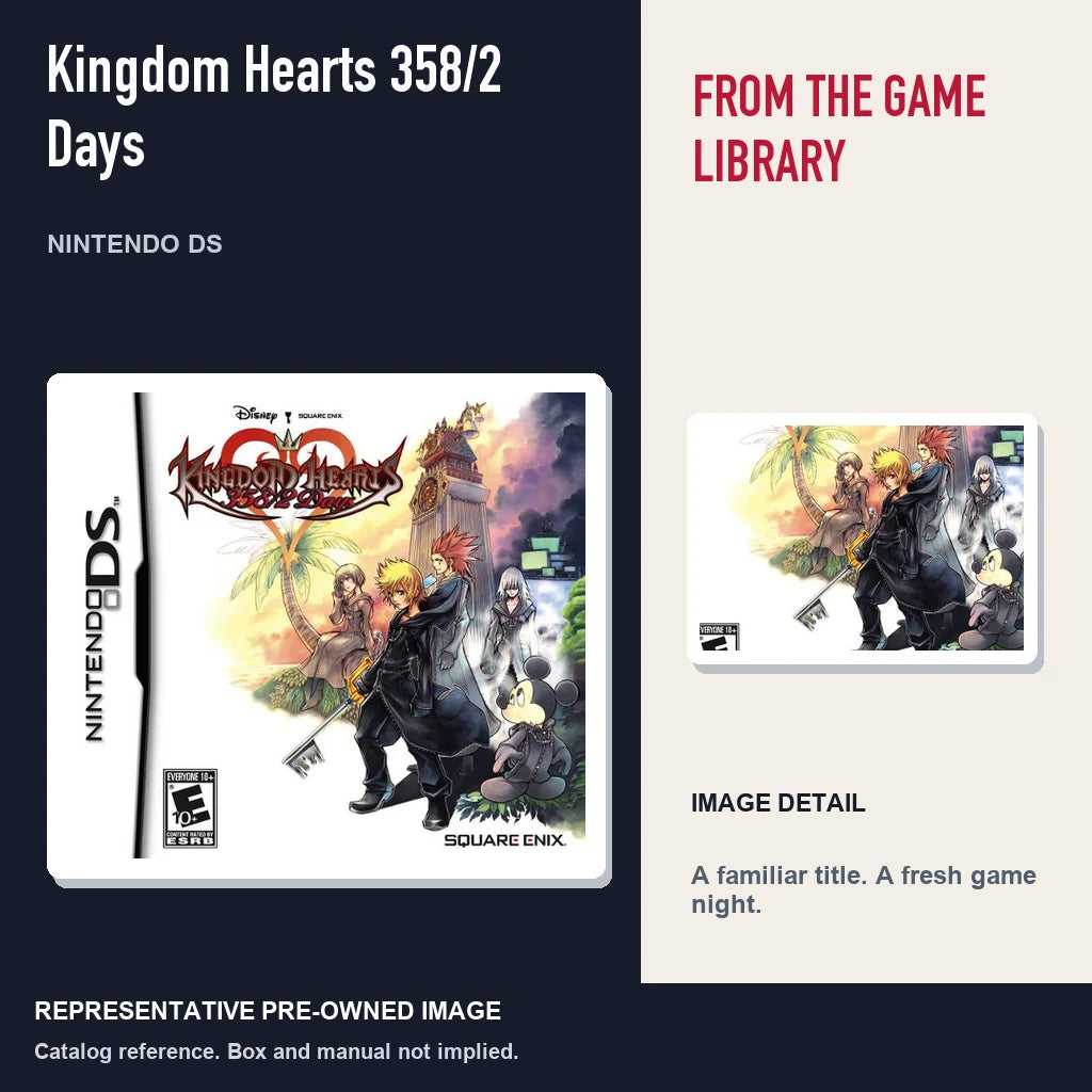 Representative pre-owned Kingdom Hearts 358/2 Days (Nintendo DS), editorial image and detail.