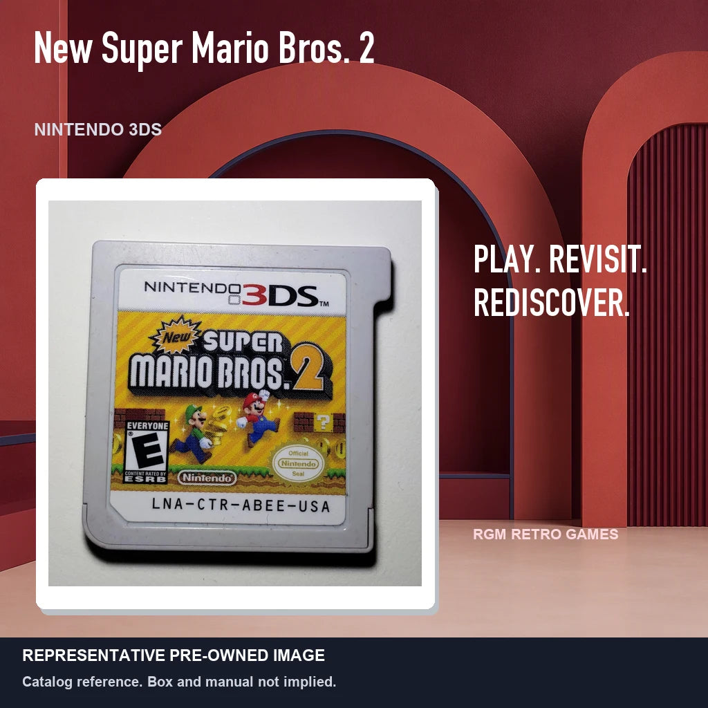 Representative pre-owned New Super Mario Bros. 2 (Nintendo 3DS), red retro product layout.