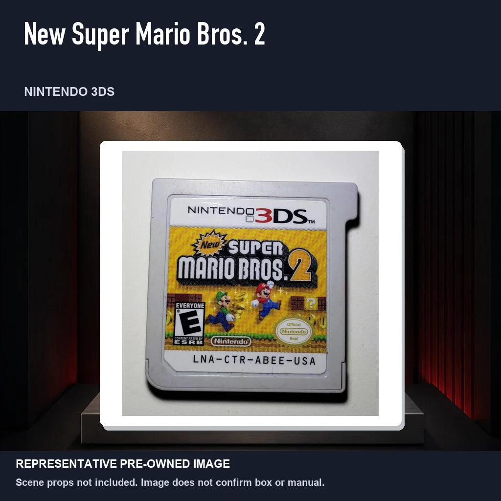 Representative pre-owned New Super Mario Bros. 2 (Nintendo 3DS), product image on a display panel.