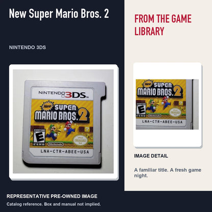 Representative pre-owned New Super Mario Bros. 2 (Nintendo 3DS), editorial image and detail.