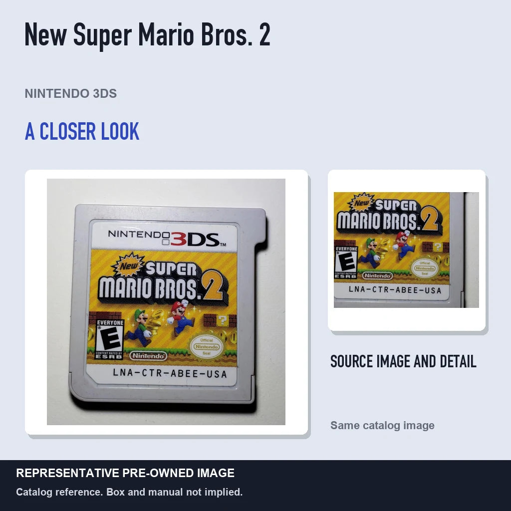 Representative pre-owned New Super Mario Bros. 2 (Nintendo 3DS), full image with detail inset.