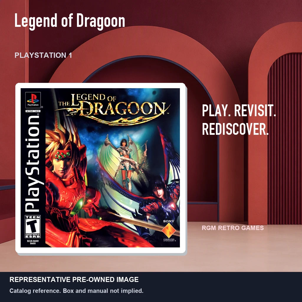 Representative pre-owned Legend of Dragoon (PlayStation 1), red retro product layout.