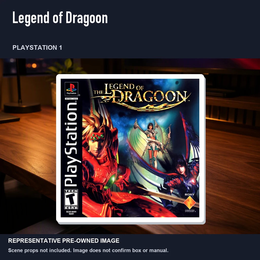 Representative pre-owned Legend of Dragoon (PlayStation 1), product image in a styled desk scene.