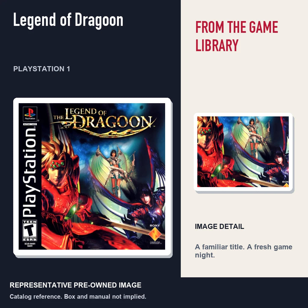 Representative pre-owned Legend of Dragoon (PlayStation 1), editorial image and detail.