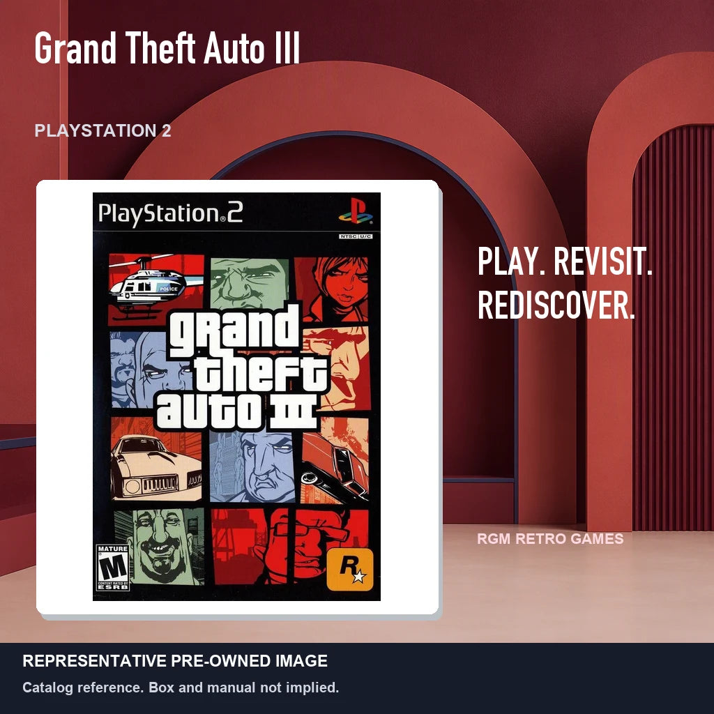 Representative pre-owned Grand Theft Auto III (PlayStation 2), red retro product layout.