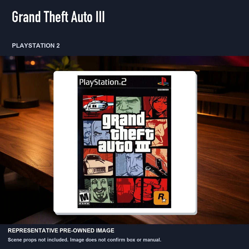 Representative pre-owned Grand Theft Auto III (PlayStation 2), product image in a styled desk scene.