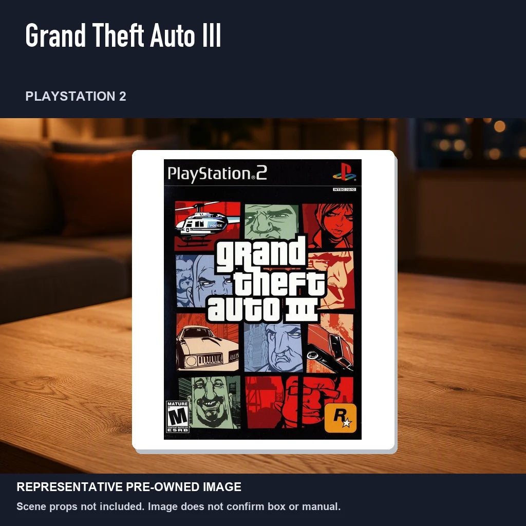Representative pre-owned Grand Theft Auto III (PlayStation 2), product image in a styled room scene.