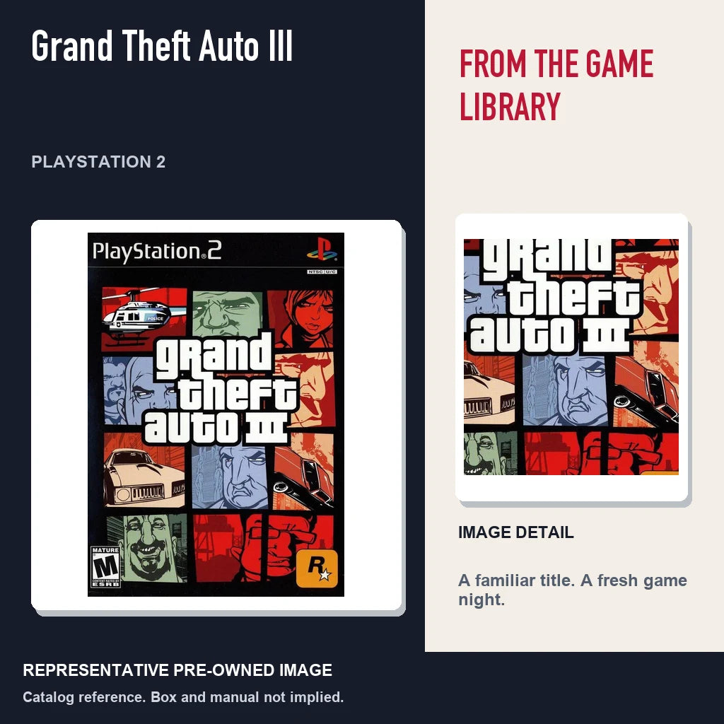 Representative pre-owned Grand Theft Auto III (PlayStation 2), editorial image and detail.