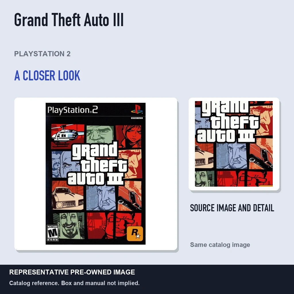 Representative pre-owned Grand Theft Auto III (PlayStation 2), full image with detail inset.