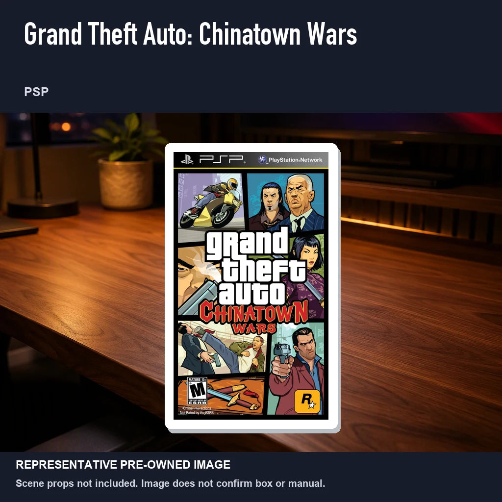 Representative pre-owned Grand Theft Auto: Chinatown Wars (PSP), product image in a styled desk scene.