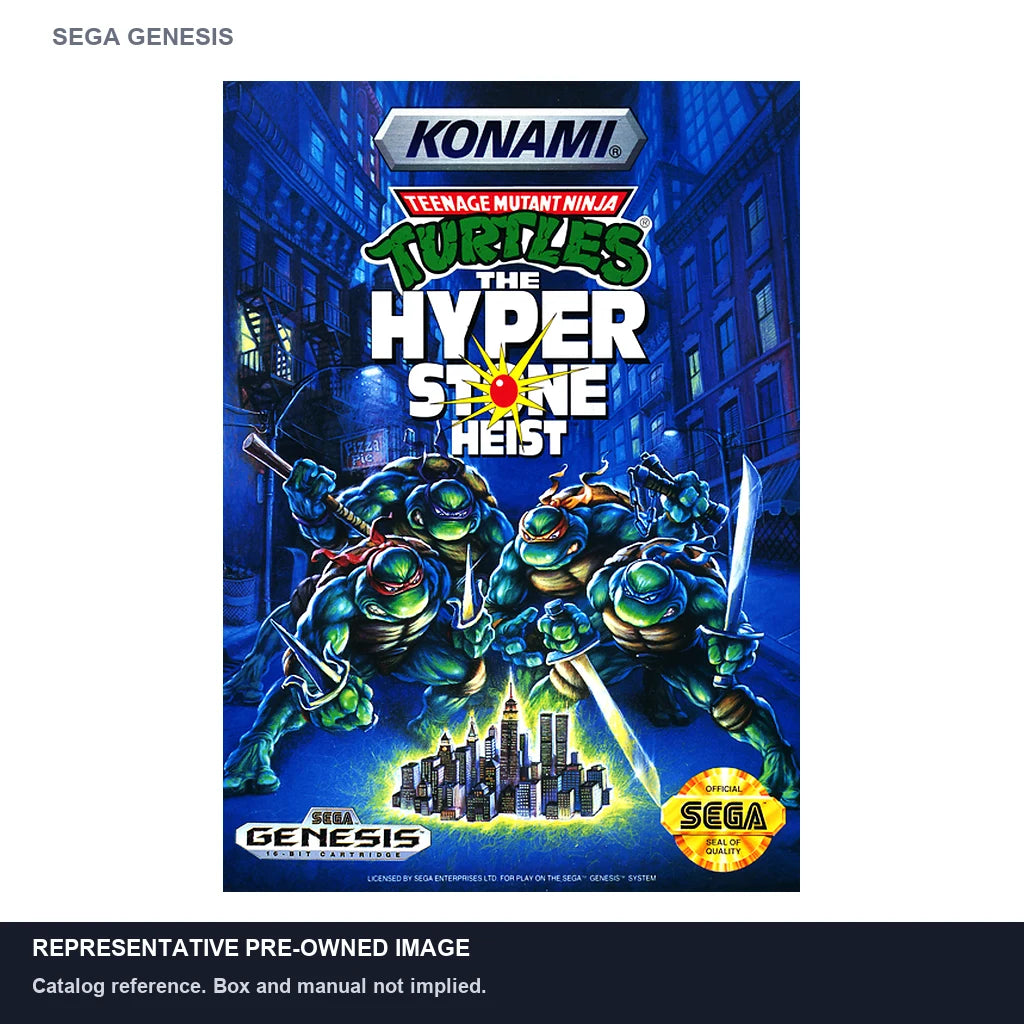 Representative pre-owned Teenage Mutant Ninja Turtles Hyperstone Heist (Sega Genesis), white product reference.