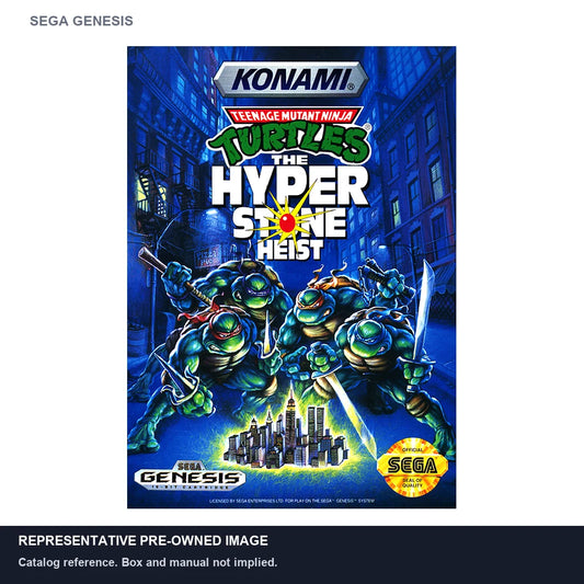 Representative pre-owned Teenage Mutant Ninja Turtles Hyperstone Heist (Sega Genesis), white product reference.