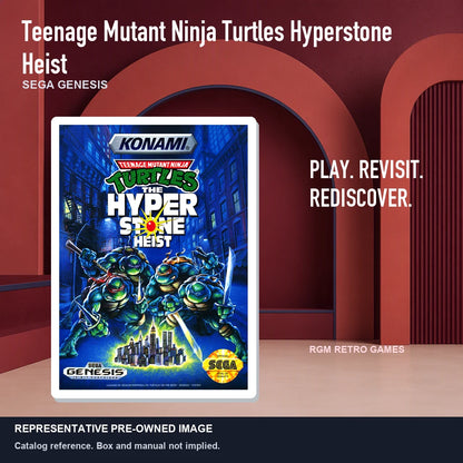 Representative pre-owned Teenage Mutant Ninja Turtles Hyperstone Heist (Sega Genesis), red retro product layout.