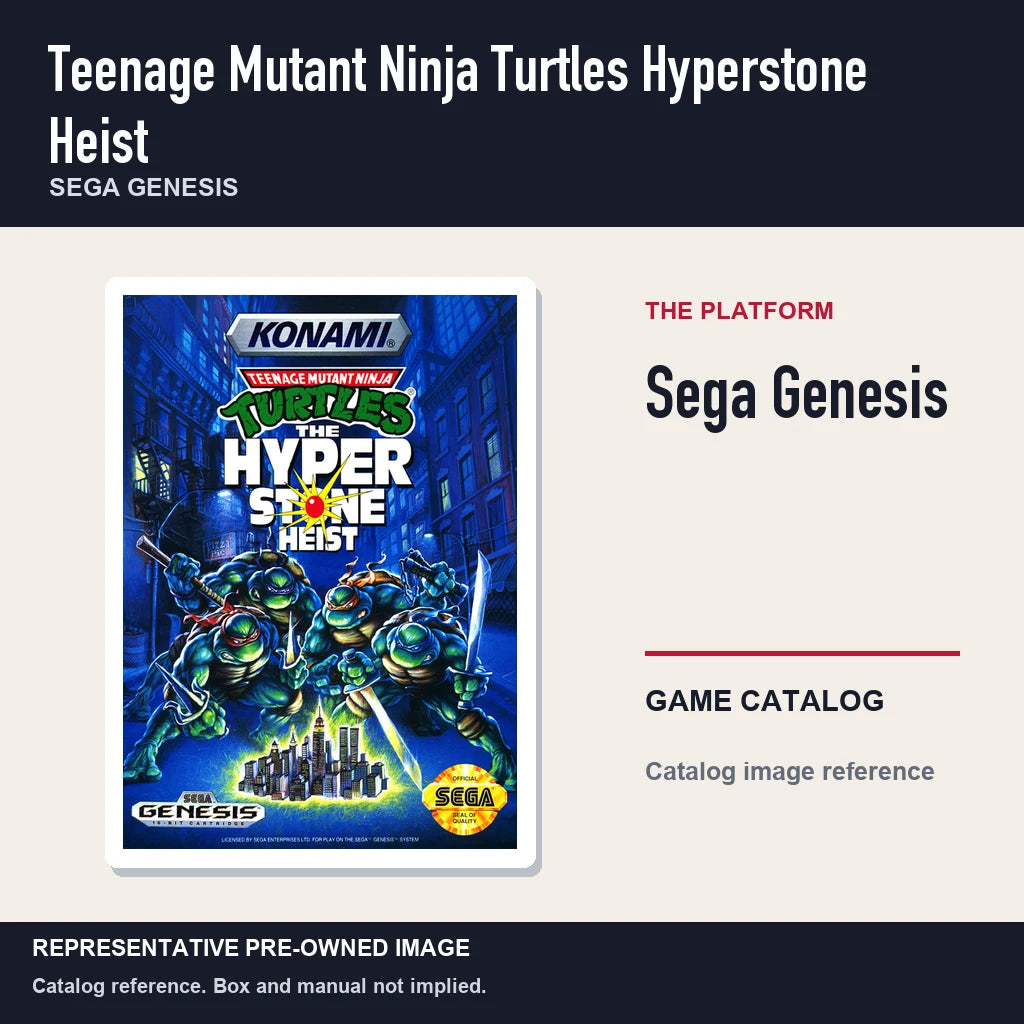 Representative pre-owned Teenage Mutant Ninja Turtles Hyperstone Heist (Sega Genesis), platform product layout.