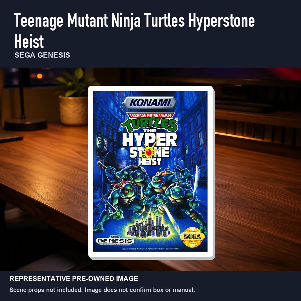 Representative pre-owned Teenage Mutant Ninja Turtles Hyperstone Heist (Sega Genesis), product image in a styled desk scene.