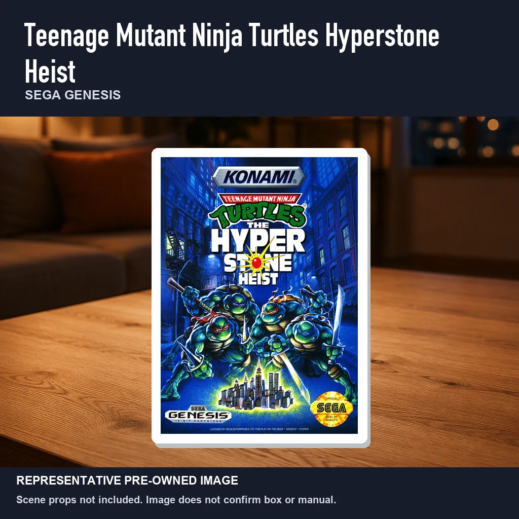 Representative pre-owned Teenage Mutant Ninja Turtles Hyperstone Heist (Sega Genesis), product image in a styled room scene.