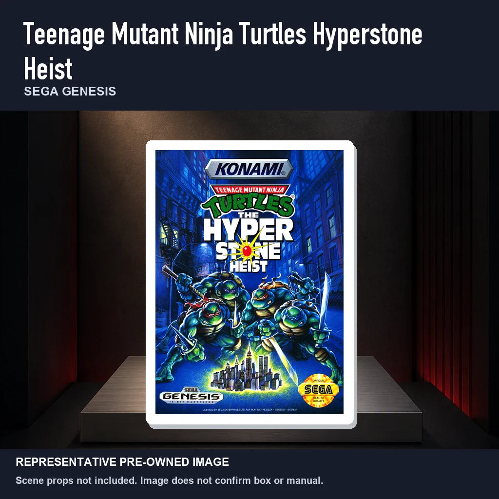 Representative pre-owned Teenage Mutant Ninja Turtles Hyperstone Heist (Sega Genesis), product image on a display panel.