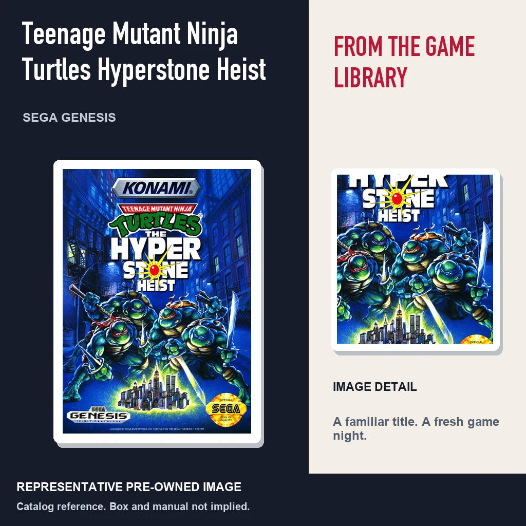 Representative pre-owned Teenage Mutant Ninja Turtles Hyperstone Heist (Sega Genesis), editorial image and detail.