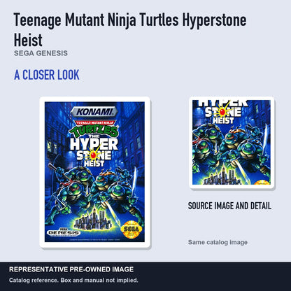 Representative pre-owned Teenage Mutant Ninja Turtles Hyperstone Heist (Sega Genesis), full image with detail inset.