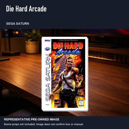 Representative pre-owned Die Hard Arcade (Sega Saturn), product image in a styled desk scene.