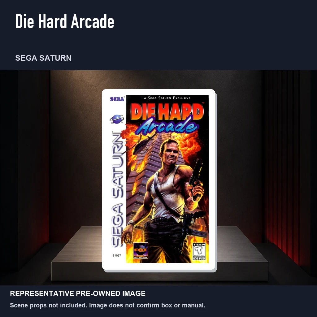 Representative pre-owned Die Hard Arcade (Sega Saturn), product image on a display panel.