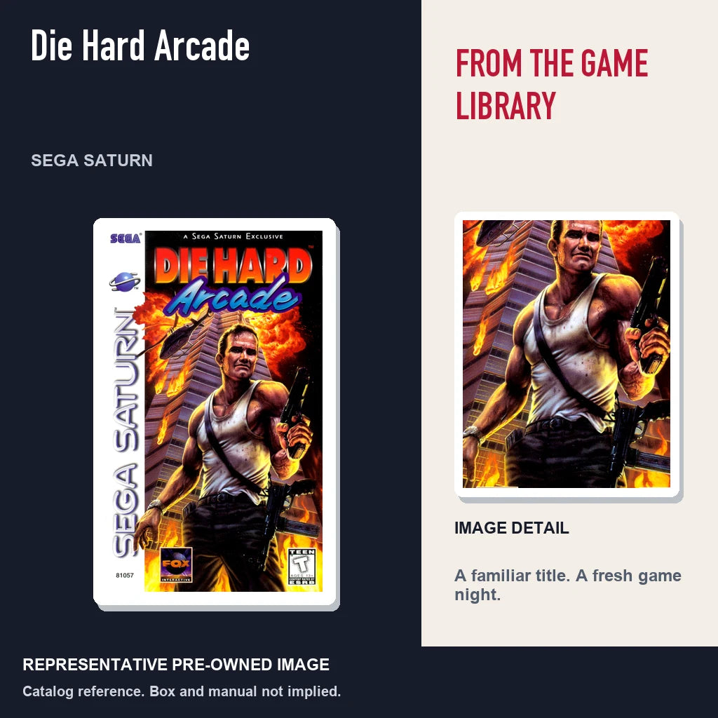 Representative pre-owned Die Hard Arcade (Sega Saturn), editorial image and detail.